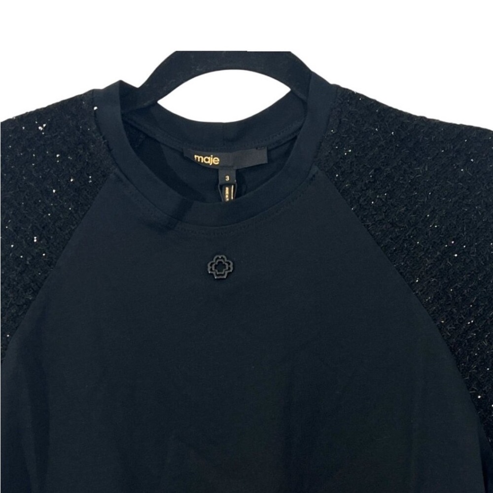 Maje Tweedo Short Sleeve Tee Black Womens Small New $150